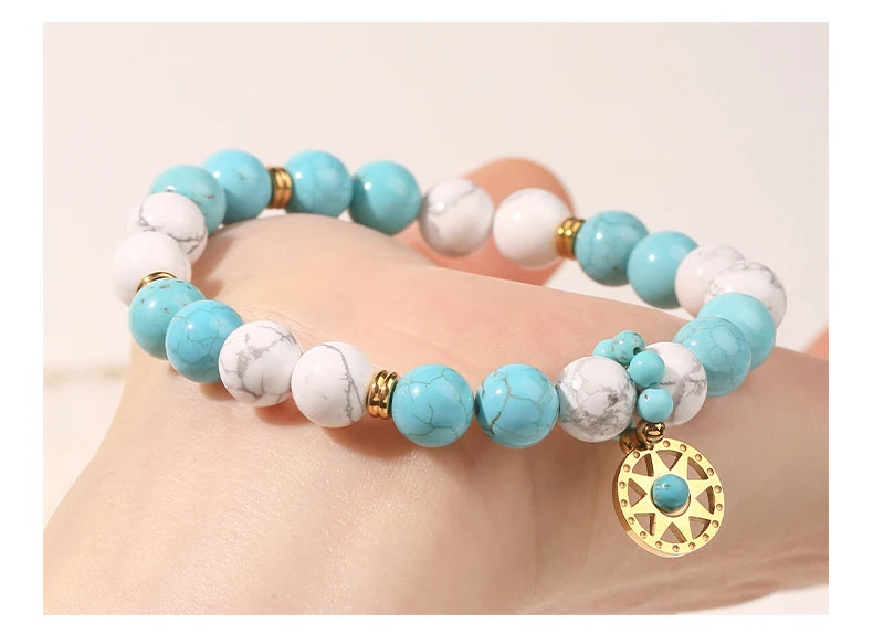 JD Natural Stone Blue Turquoise Strand Stainless Steel Sun Pendant Bracelets Women Fashion Bohemian Healing Energy Jewelry Gift