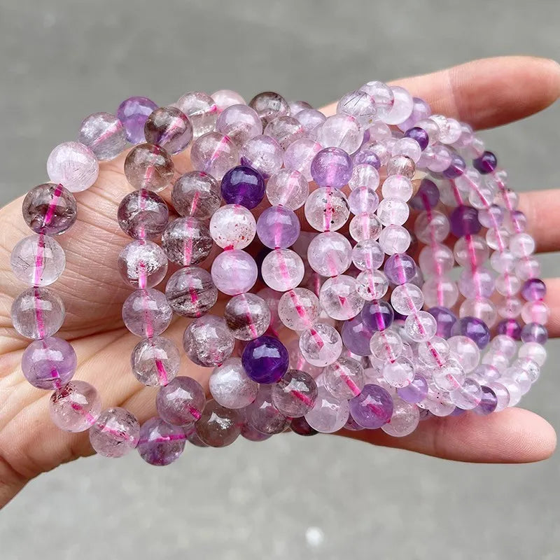 JD Natural Stone Pink Quartz Crystal Amethyst Fluorite Beaded Bracelets Women Sweet Reiki Healing Energy Strand Bangles Jewelry