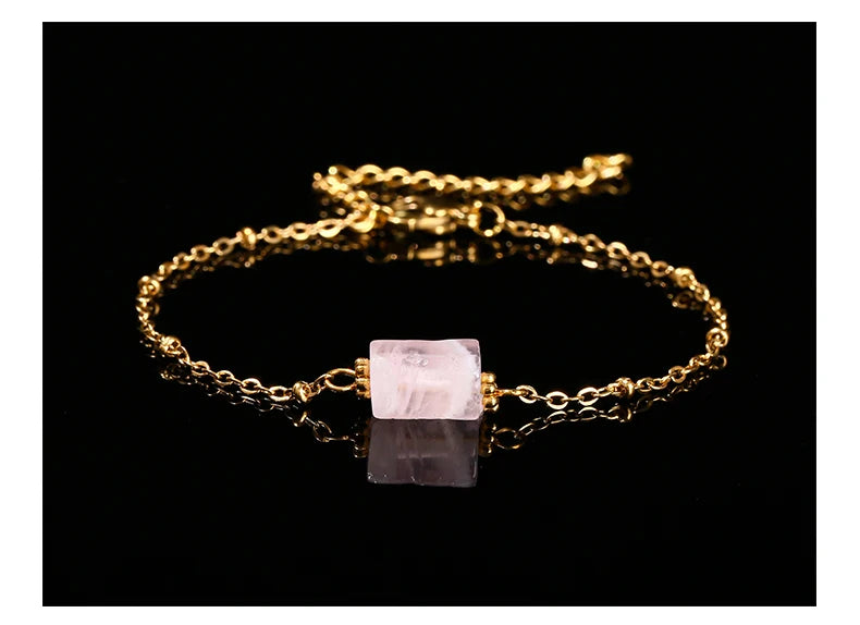 JD Natural Stone Pink Quartz Amethyst Faceted Tube Bead Stainless Steel Bracelet Women Exquisite Nugget Gems Adjustable Jewelry