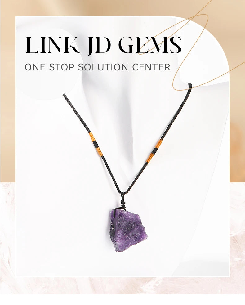 JD Natural Crystal Amethyst Raw Stone Pendant Clavicle Necklace Women Men Reiki Healing Adjustable Rope Chain Lucky Necklace