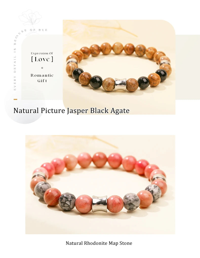 JD Natural Rhodonite Map Stone Mixed Stainless Steel Bracelets Women Men Simple Vintage Handmade Stretch Bangles Yoga Jewelry
