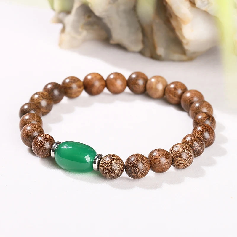 JD Natural Wooden Bracelets Golden Silk Sandalwood Green Agate Barrel Bead Buddha Bracelet Women Vintage Yoga Meditation Jewelry