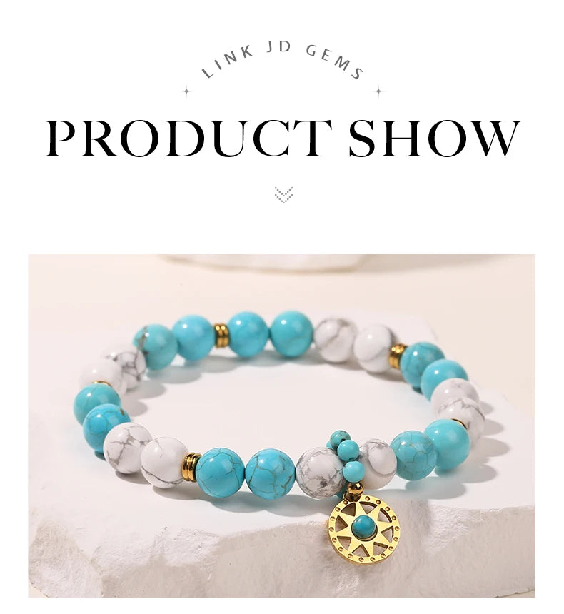 JD Natural Stone Blue Turquoise Strand Stainless Steel Sun Pendant Bracelets Women Fashion Bohemian Healing Energy Jewelry Gift