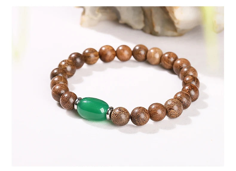 JD Natural Wooden Bracelets Golden Silk Sandalwood Green Agate Barrel Bead Buddha Bracelet Women Vintage Yoga Meditation Jewelry