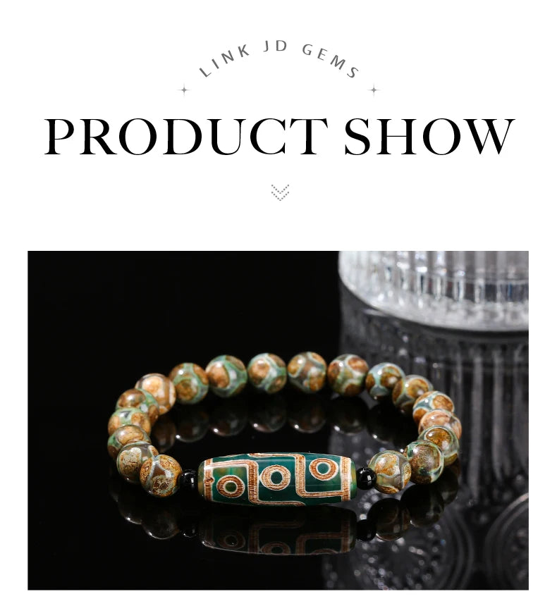 JD Natural Green Nine Eyes Tibetan Dzi Agate Barrel Beads Bracelet Women Men Retro Healing Buddha Prayer Charm Yoga Jewelry Gift