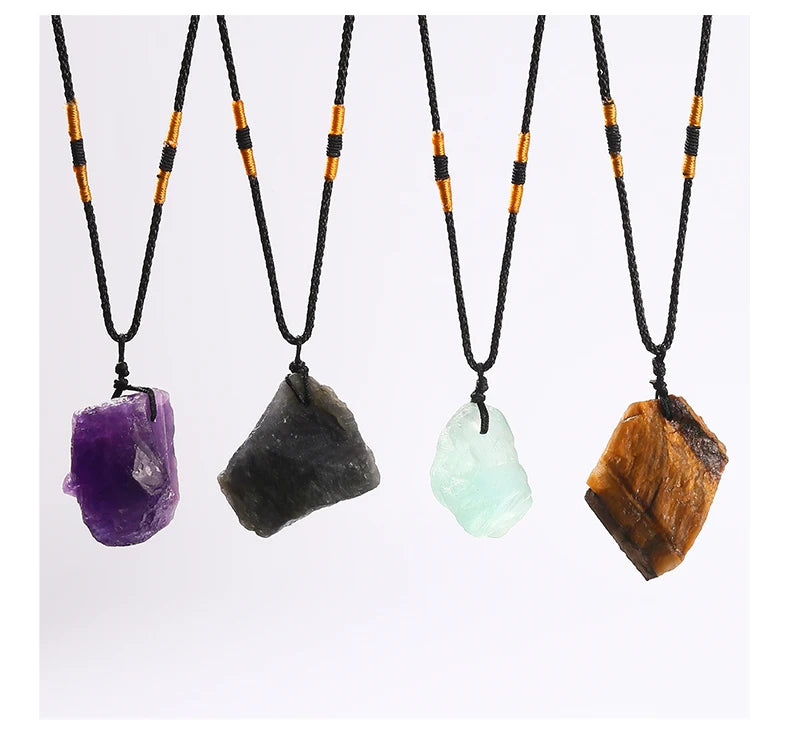 JD Natural Crystal Amethyst Raw Stone Pendant Clavicle Necklace Women Men Reiki Healing Adjustable Rope Chain Lucky Necklace