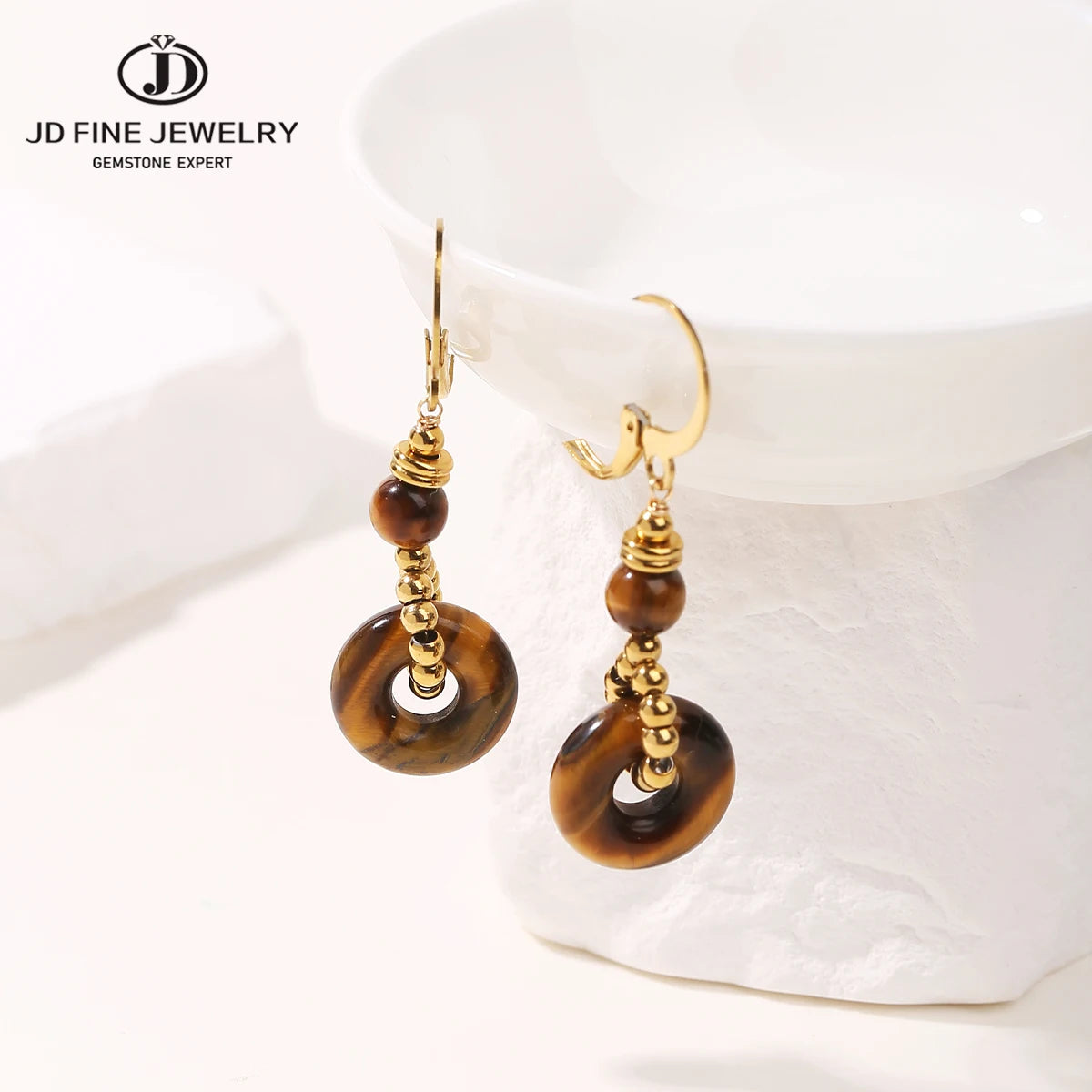 JD New Fashion Earrings Natural Tiger Eye Stone Hoop Earring for Women Charm Lucky Energy Stone Handmade Stainless Steel Jewelry
