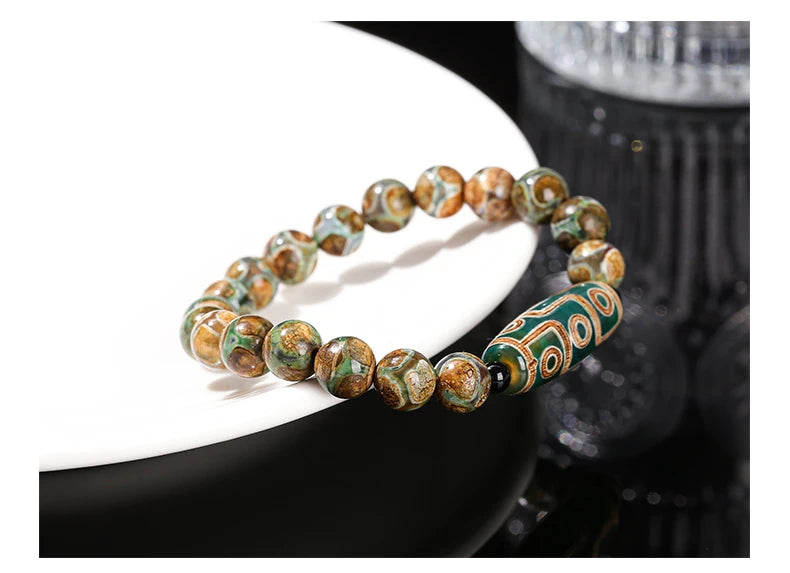 JD Natural Green Nine Eyes Tibetan Dzi Agate Barrel Beads Bracelet Women Men Retro Healing Buddha Prayer Charm Yoga Jewelry Gift