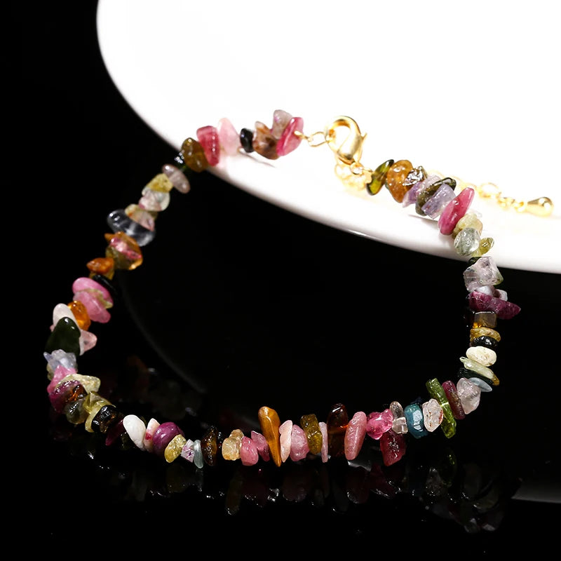JD Natural Stone Mixed Tourmaline Gravel Lucky Chain Bracelet Women Fashion Jewelry Adjustable Chip Bracelet Yoga Chakra Gifts