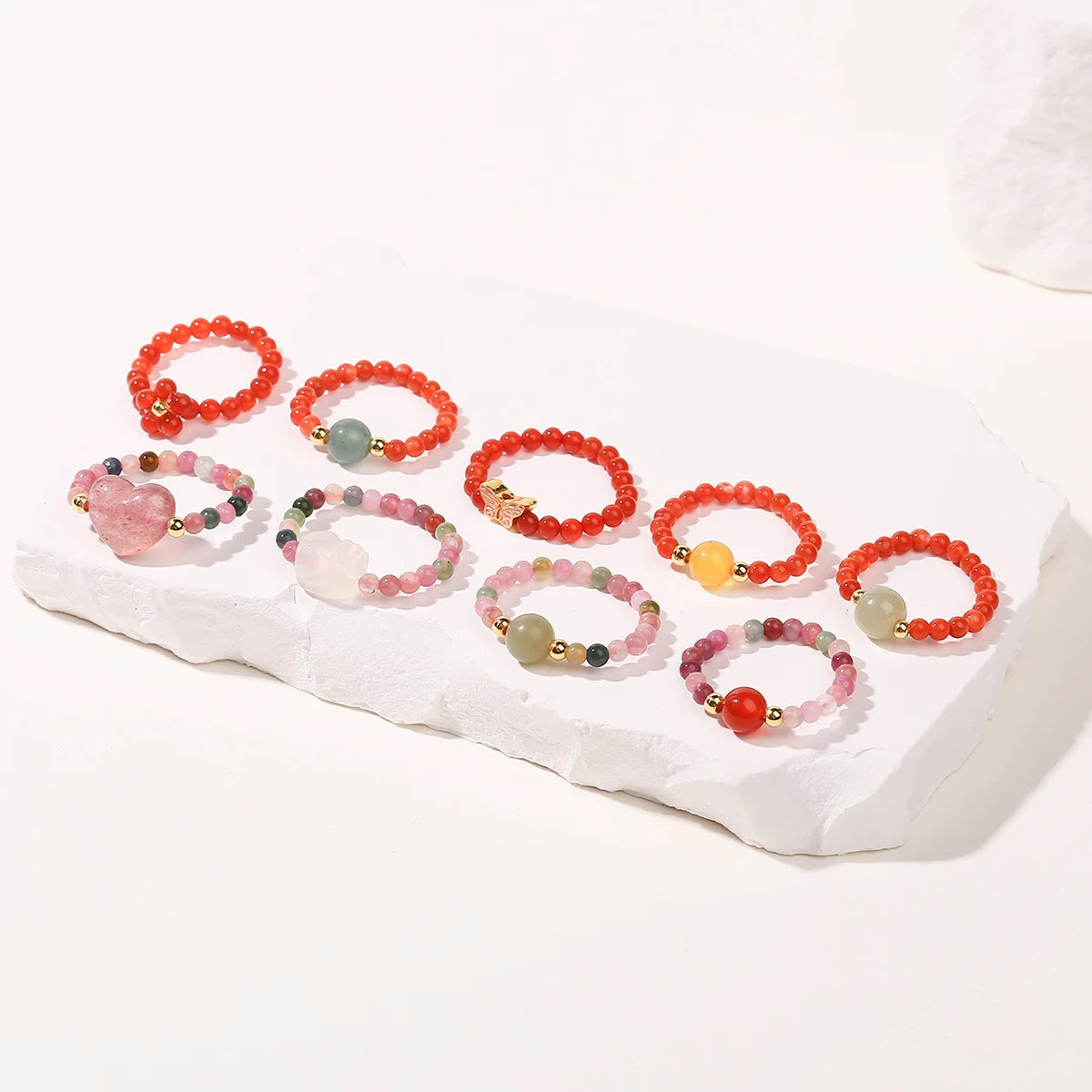 JD Natural Crystal Rings for Women Fashion Simple Sweet Small Beads Tourmaline Amethyst Turquoise Adjustable Reiki Healing Rings