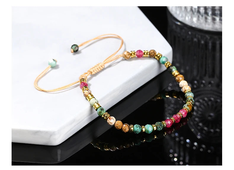 JD Natural Stone Faceted Africa Turquoises Colored Chalcedony Braided Bracelet Women Bohe Handmade Rope Adjustable Jewelry Gift