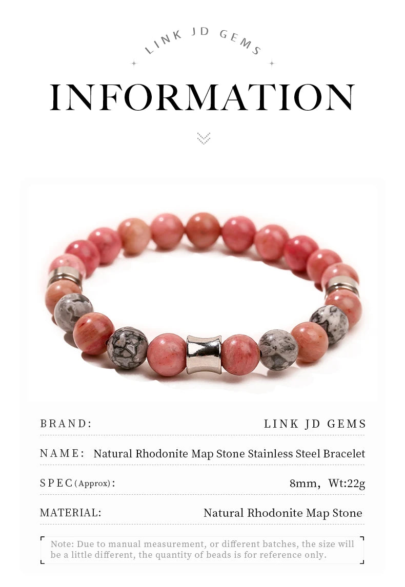 JD Natural Rhodonite Map Stone Mixed Stainless Steel Bracelets Women Men Simple Vintage Handmade Stretch Bangles Yoga Jewelry