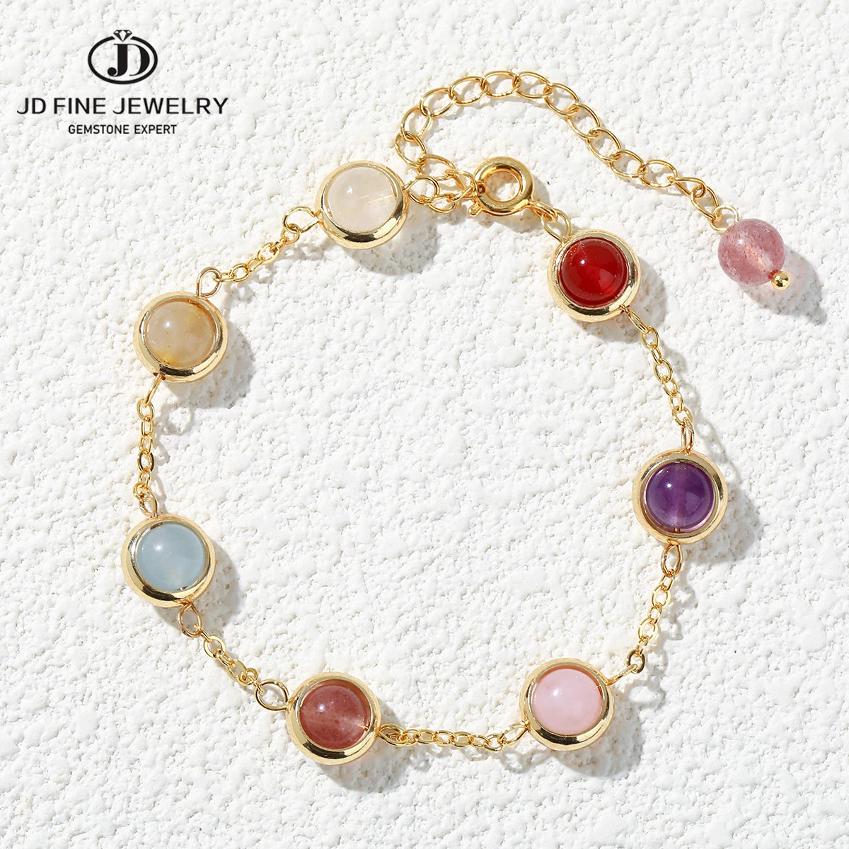 JD Natural Stone Colorful Crystal Lucky Bead Chain Bracelets Women Fashion Simple Adjustable Stainless Steel Healing Jewelry