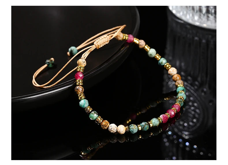 JD Natural Stone Faceted Africa Turquoises Colored Chalcedony Braided Bracelet Women Bohe Handmade Rope Adjustable Jewelry Gift