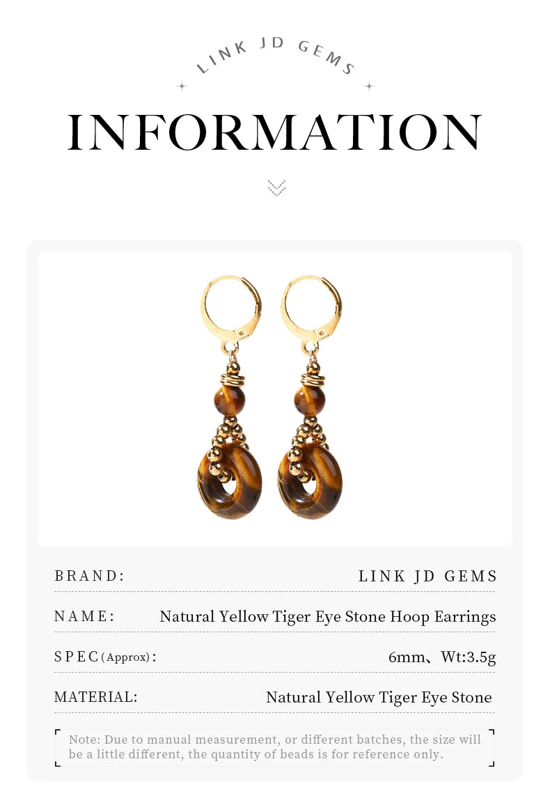 JD New Fashion Earrings Natural Tiger Eye Stone Hoop Earring for Women Charm Lucky Energy Stone Handmade Stainless Steel Jewelry