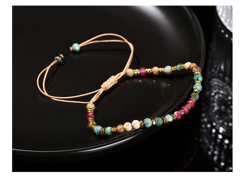 JD Natural Stone Faceted Africa Turquoises Colored Chalcedony Braided Bracelet Women Bohe Handmade Rope Adjustable Jewelry Gift