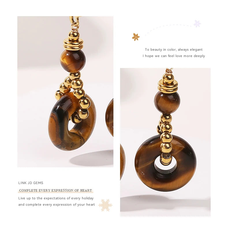 JD New Fashion Earrings Natural Tiger Eye Stone Hoop Earring for Women Charm Lucky Energy Stone Handmade Stainless Steel Jewelry