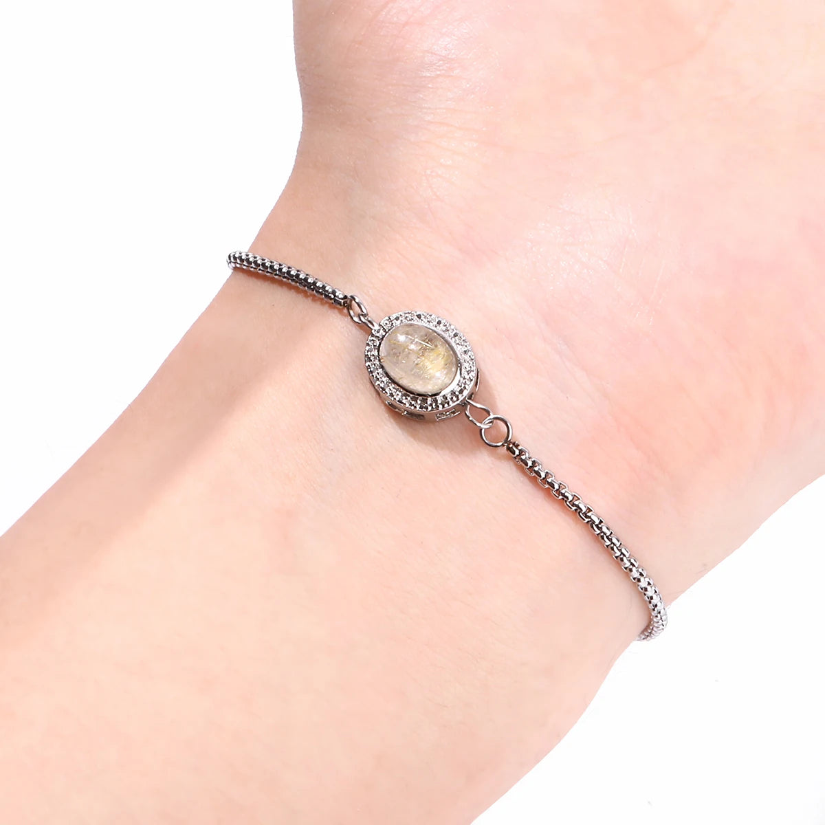 JD Natural Golden Rutilated Quartz Inlaid Chain Bracelets Women Luxury Elegant Handmade Stainless Steel Gems Healing Couple Gift