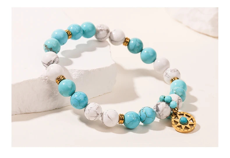 JD Natural Stone Blue Turquoise Strand Stainless Steel Sun Pendant Bracelets Women Fashion Bohemian Healing Energy Jewelry Gift