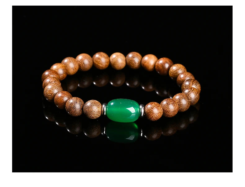 JD Natural Wooden Bracelets Golden Silk Sandalwood Green Agate Barrel Bead Buddha Bracelet Women Vintage Yoga Meditation Jewelry