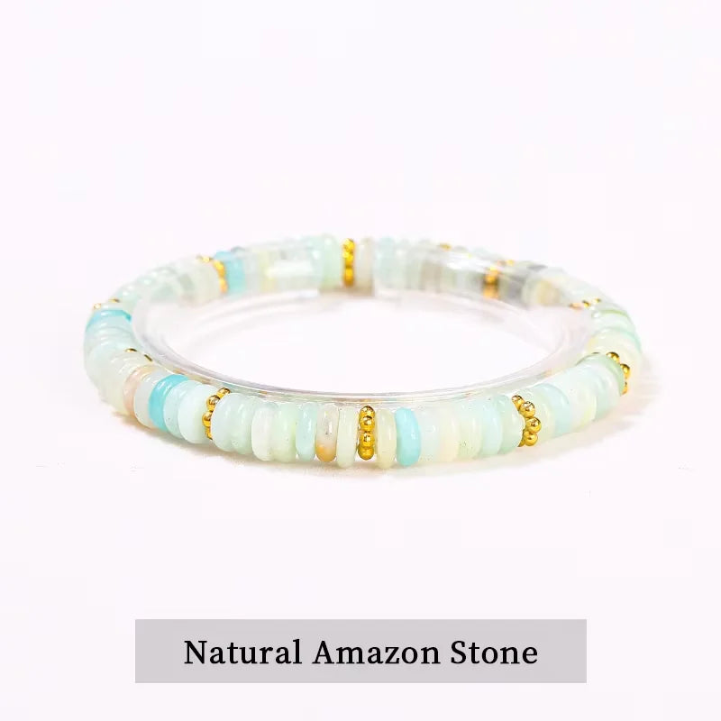 JD Natural Stone Green Aventurine Pink Quartz Flat Spacer Beads Bracelet Women Men Bohe Elastic Bangles Healing Friendship Gift
