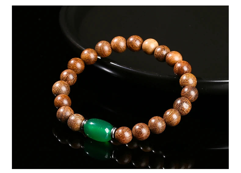 JD Natural Wooden Bracelets Golden Silk Sandalwood Green Agate Barrel Bead Buddha Bracelet Women Vintage Yoga Meditation Jewelry