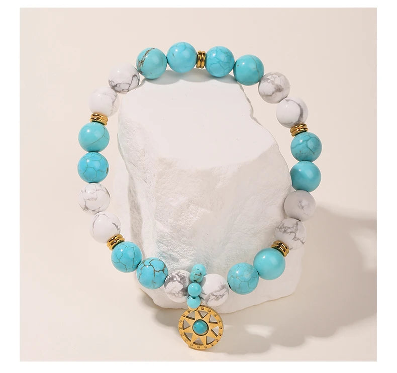 JD Natural Stone Blue Turquoise Strand Stainless Steel Sun Pendant Bracelets Women Fashion Bohemian Healing Energy Jewelry Gift