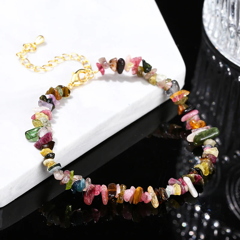 JD Natural Stone Mixed Tourmaline Gravel Lucky Chain Bracelet Women Fashion Jewelry Adjustable Chip Bracelet Yoga Chakra Gifts
