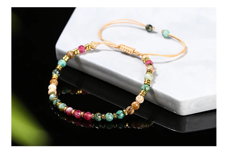 JD Natural Stone Faceted Africa Turquoises Colored Chalcedony Braided Bracelet Women Bohe Handmade Rope Adjustable Jewelry Gift