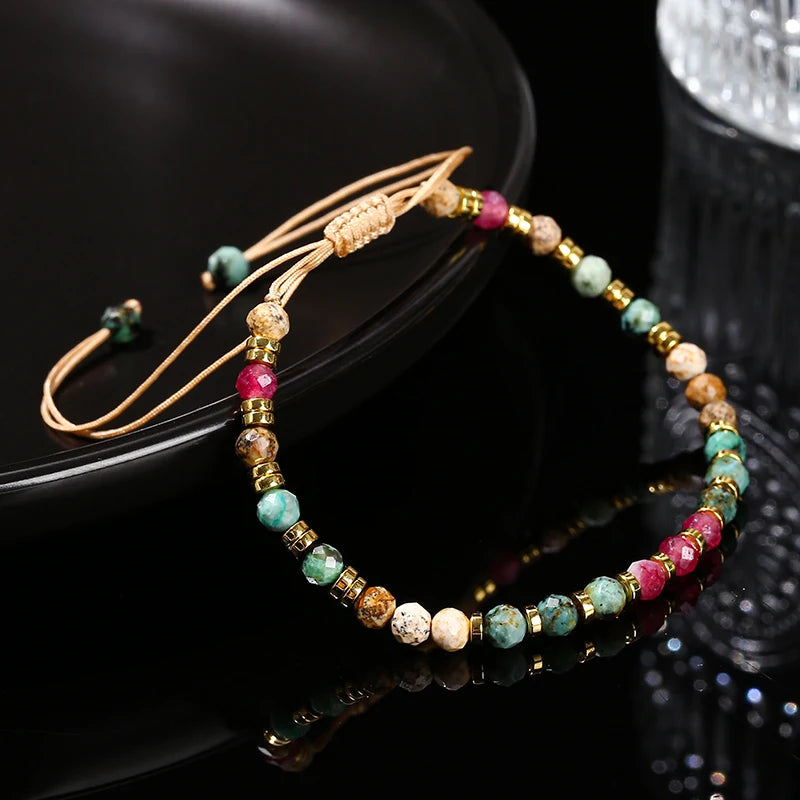 JD Natural Stone Faceted Africa Turquoises Colored Chalcedony Braided Bracelet Women Bohe Handmade Rope Adjustable Jewelry Gift