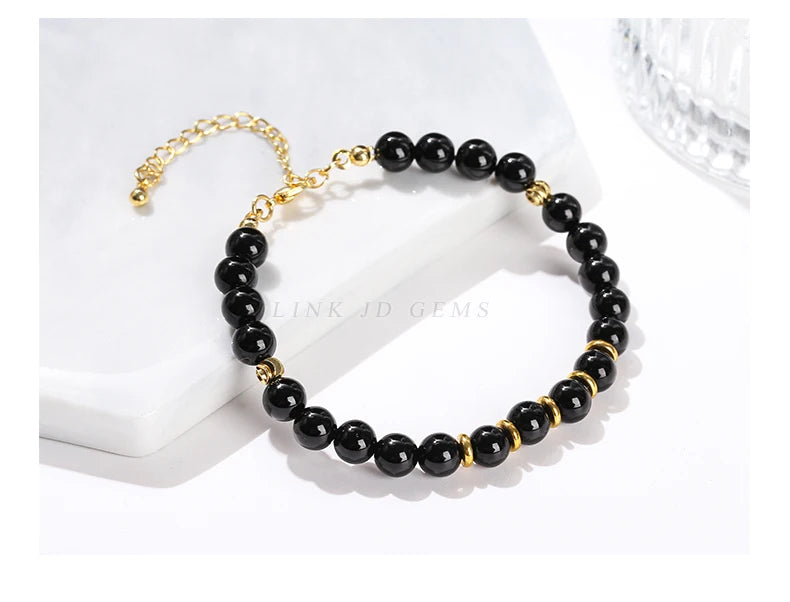 JD Natural Stone Green Aventurine Black Agate 6mm Bead Stainless Steel Bracelet Women Trendy Handmade Adjustable Healing Jewelry
