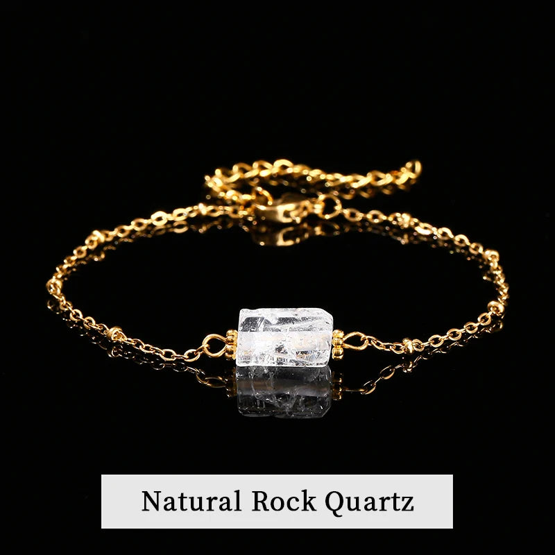 JD Natural Stone Pink Quartz Amethyst Faceted Tube Bead Stainless Steel Bracelet Women Exquisite Nugget Gems Adjustable Jewelry