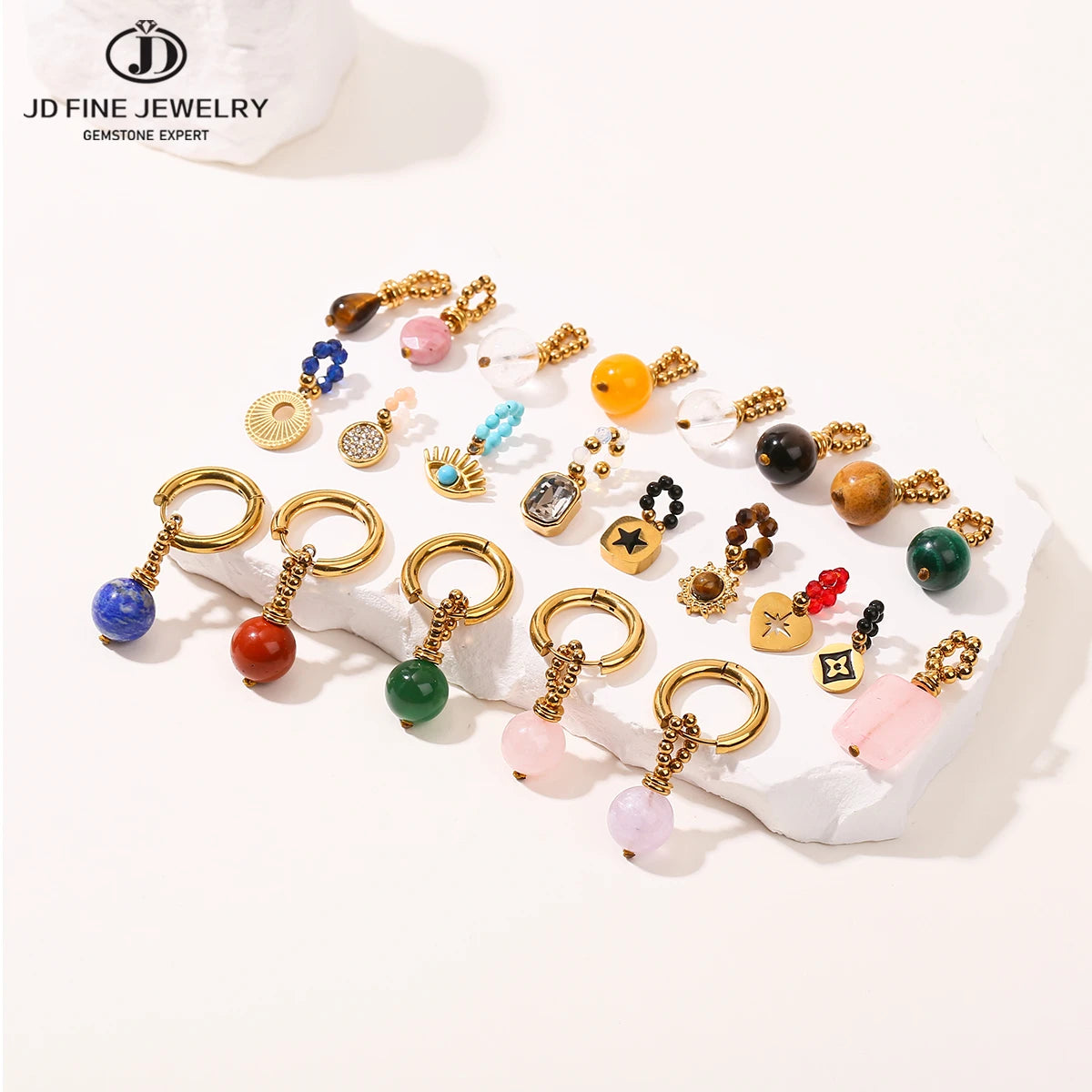 JD Natural Stone Dangle Earrings Varied DIY Design for Women Stainless Steel Hoop Earrings Crystal Pendant Jewelry Accessory