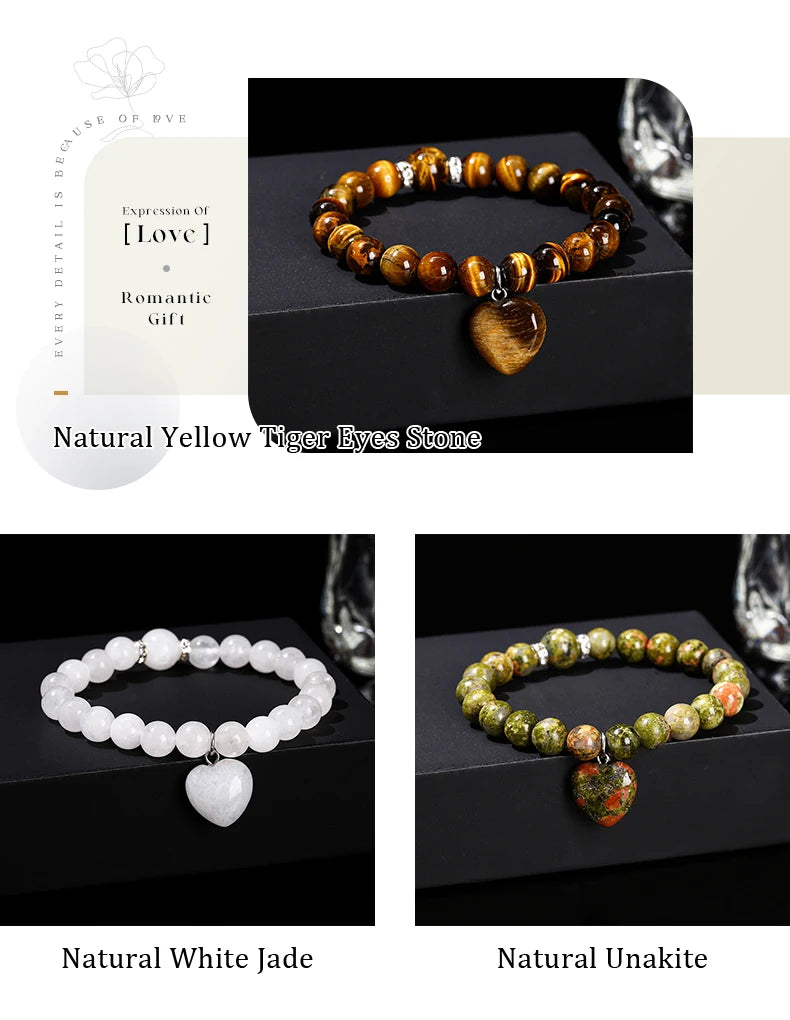 JD Natural Pink Quartz Yellow Tiger Eye Unakite Heart Pendant Beaded Bracelet Women Lovers Elegant Handmade Stretch Healing Gift