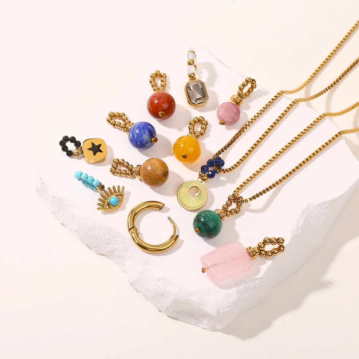 JD Natural Stone Pandent Box Chain Necklaces for Women Creative DIY Crystal Charm Stainless Steel Clavicle Necklace Accessory