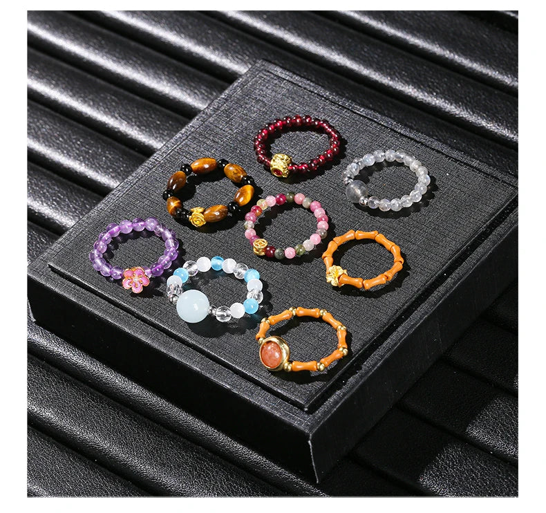 JD Natural Stone Small Bead Crystal Rings for Women Trendy Bohe Handmade Stretch Rings Reiki Healing Party Gifts Couple Jewelry