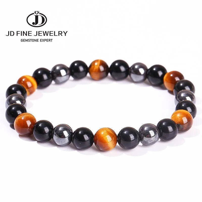 JD Natural Black Obsidian Stone Hematite Tiger Eye Bead Bracelet Women Men Triple Protection Health Care Weight Loss Jewelry