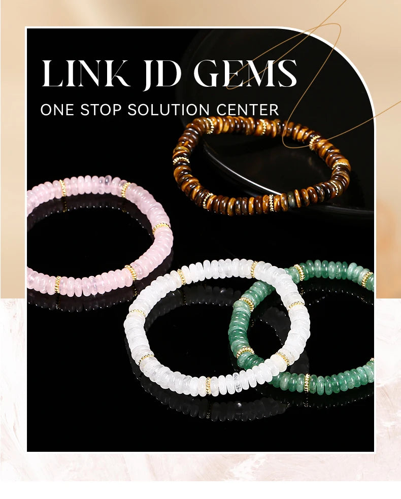 JD Natural Stone Green Aventurine Pink Quartz Flat Spacer Beads Bracelet Women Men Bohe Elastic Bangles Healing Friendship Gift