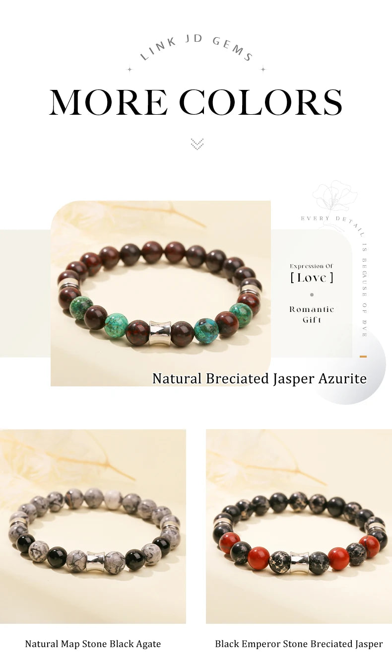 JD Natural Rhodonite Map Stone Mixed Stainless Steel Bracelets Women Men Simple Vintage Handmade Stretch Bangles Yoga Jewelry