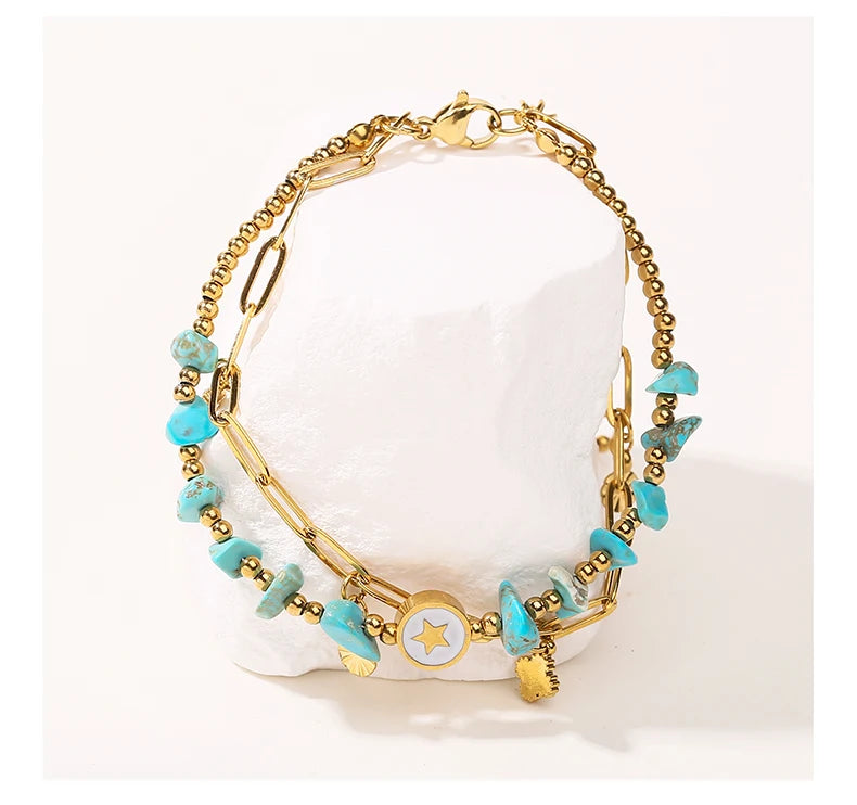 JD Natural Blue Turquoise Gravel Stone Double Layer Zircon Bracelets Women Bohemian Stainless Steel Reiki Healing Friend Gift