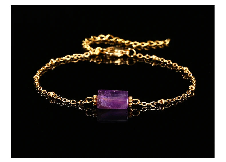 JD Natural Stone Pink Quartz Amethyst Faceted Tube Bead Stainless Steel Bracelet Women Exquisite Nugget Gems Adjustable Jewelry