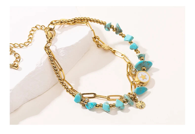 JD Natural Blue Turquoise Gravel Stone Double Layer Zircon Bracelets Women Bohemian Stainless Steel Reiki Healing Friend Gift