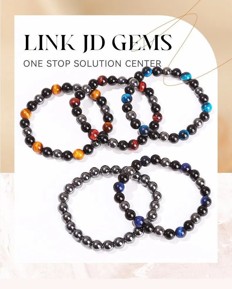 JD Natural Black Obsidian Stone Hematite Tiger Eye Bead Bracelet Women Men Triple Protection Health Care Weight Loss Jewelry