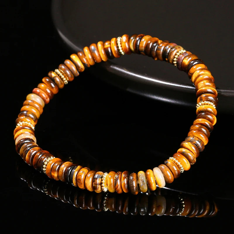 JD Natural Stone Green Aventurine Pink Quartz Flat Spacer Beads Bracelet Women Men Bohe Elastic Bangles Healing Friendship Gift
