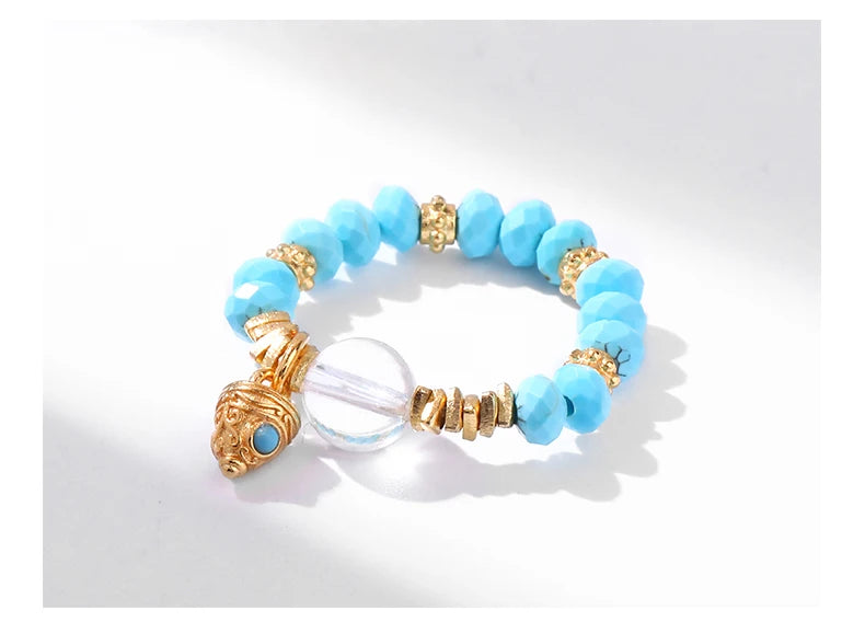 JD Natural Faceted Blue Turquoise Strand Rings Women Vintage Handmade Adjustable Reiki Yoga Energy Rings Party Couple Gifts