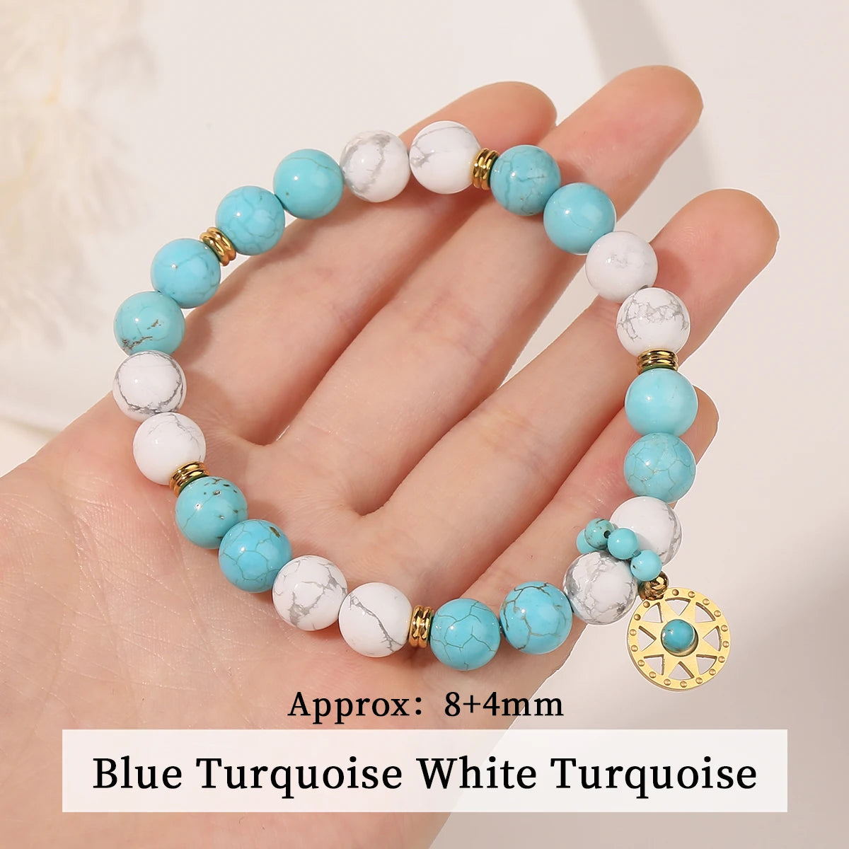 JD Natural Stone Blue Turquoise Strand Stainless Steel Sun Pendant Bracelets Women Fashion Bohemian Healing Energy Jewelry Gift