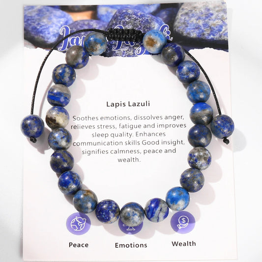 JD 8mm Natural Stone Amethyst Braided Bracelet With Card Pink Quartz Lapis Lazuli Handmade Adjustable Women Men Couple Jewelry