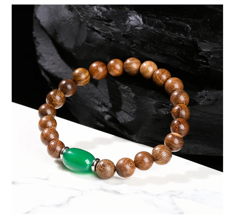 JD Natural Wooden Bracelets Golden Silk Sandalwood Green Agate Barrel Bead Buddha Bracelet Women Vintage Yoga Meditation Jewelry