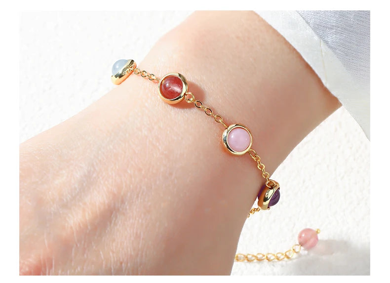 JD Natural Stone Colorful Crystal Lucky Bead Chain Bracelets Women Fashion Simple Adjustable Stainless Steel Healing Jewelry