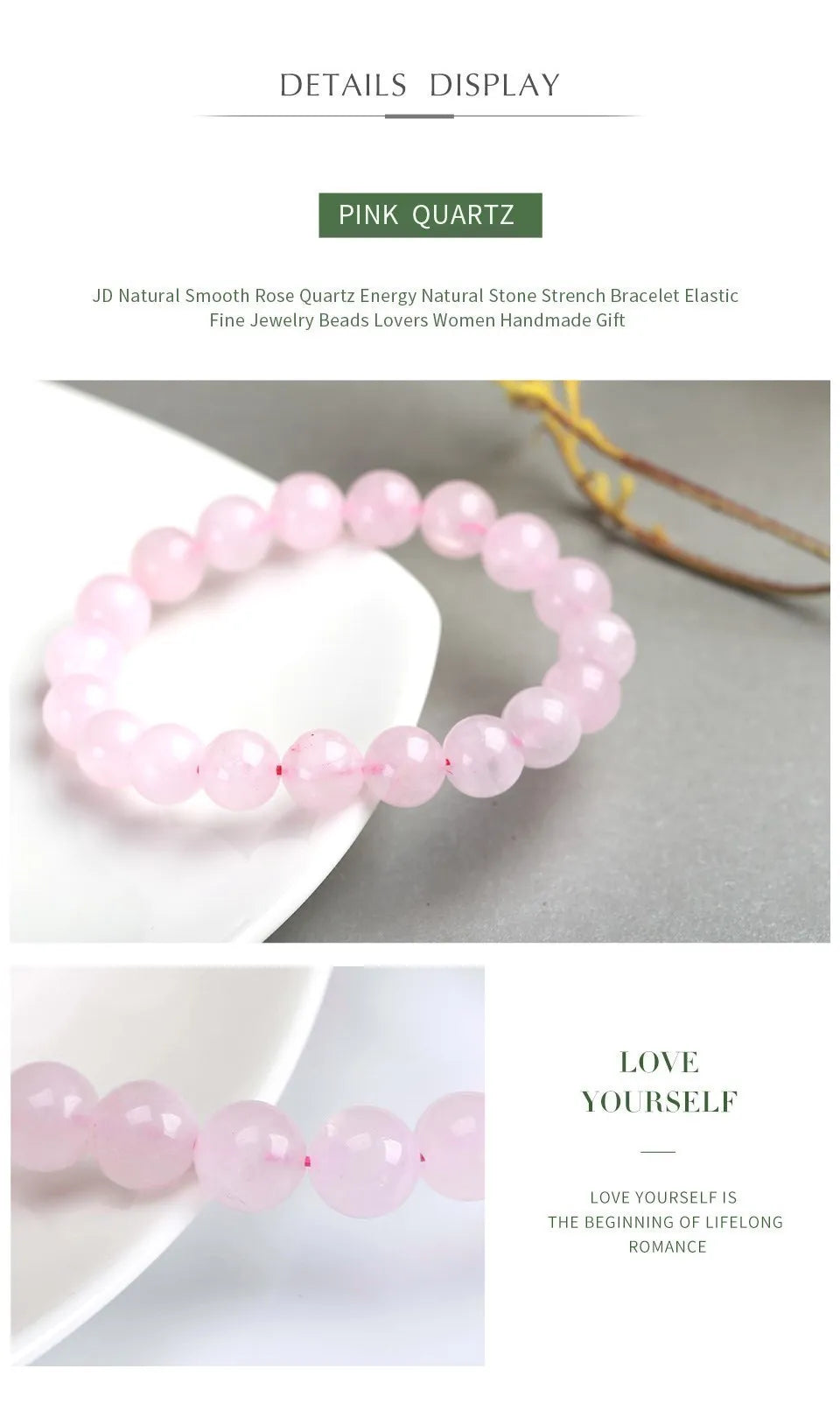 JD Natural Stone Pink Quartz Crystal Amethyst Fluorite Beaded Bracelets Women Sweet Reiki Healing Energy Strand Bangles Jewelry